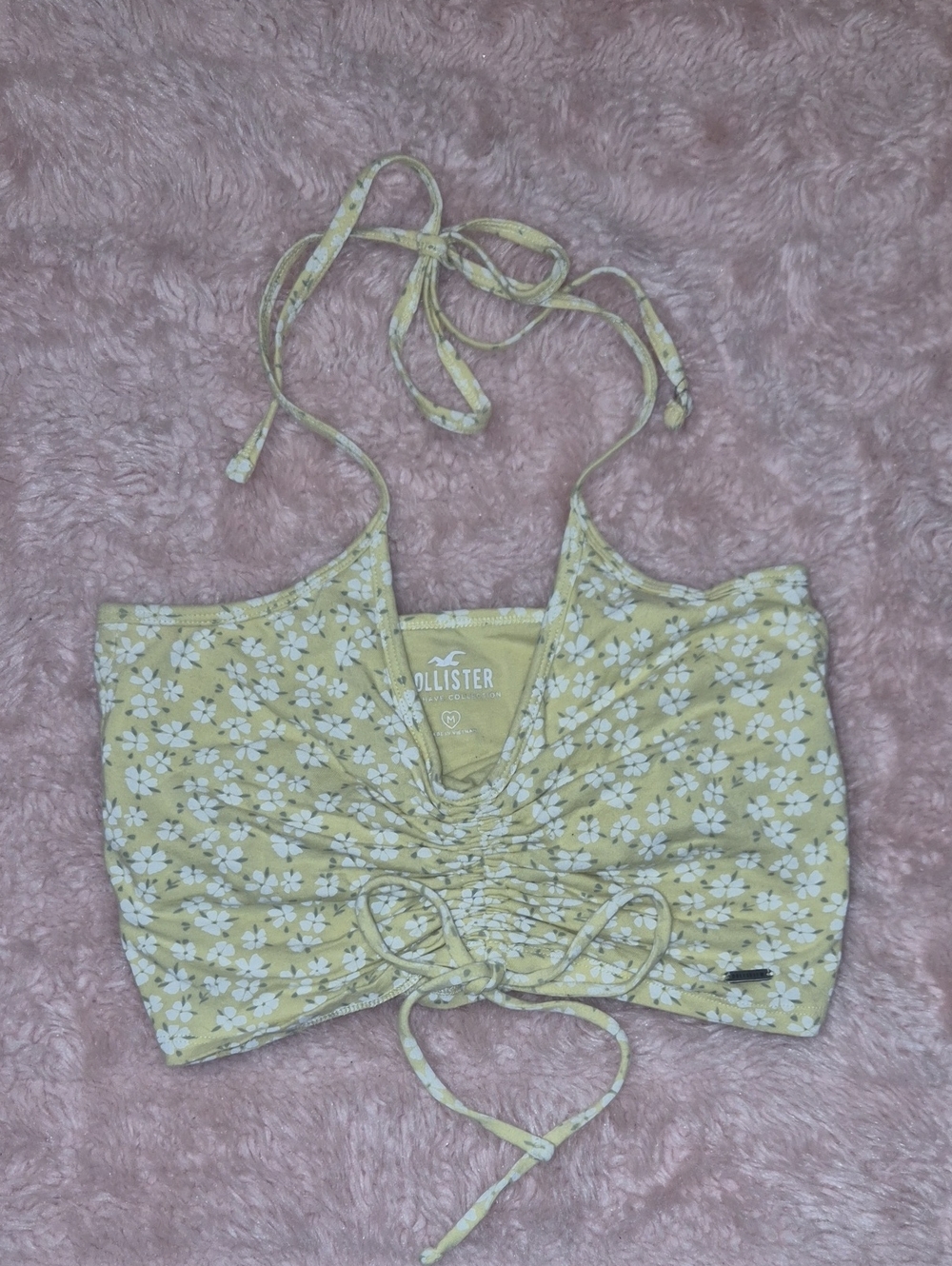 Hollister Yellow Floral Ruched Halter Crop Camisole